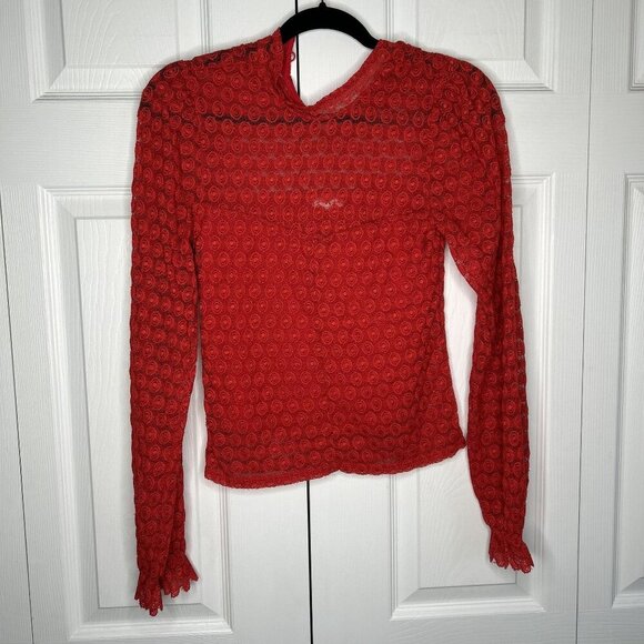 Nightcap Beaux Red Lace Long Sleeve Semi-Sheer Blouse Women's Size Small S - Picture 10 of 10